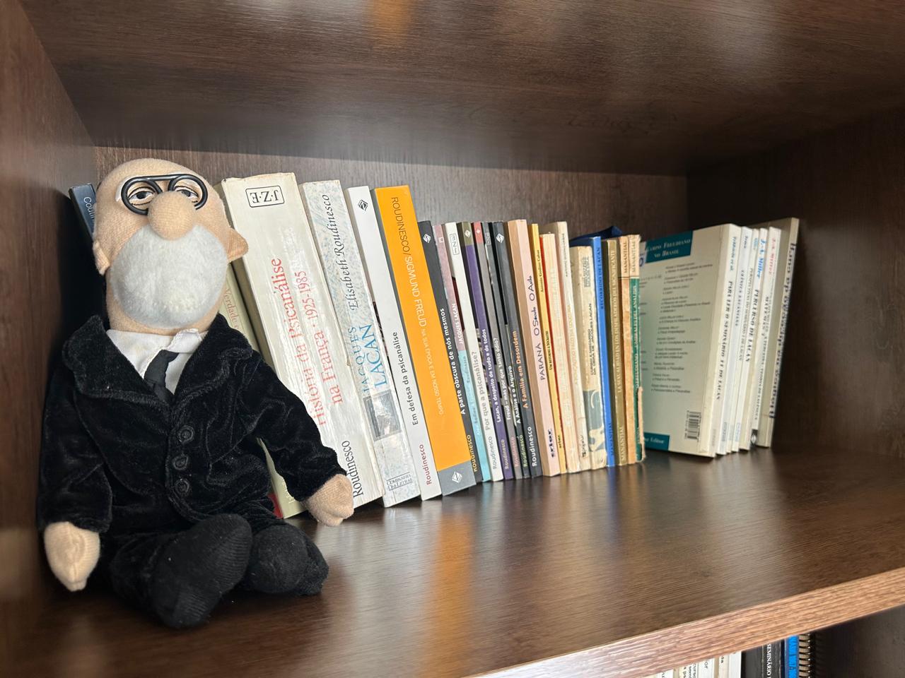 Boneco de Freud sobre estante com livros de psicanálise