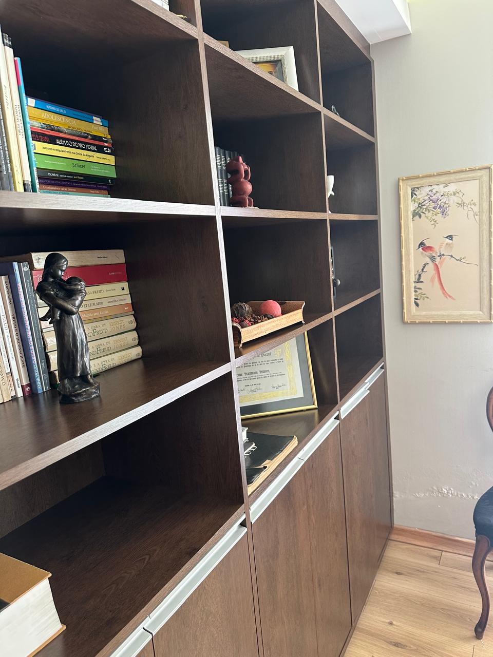 Estante alta com estátua de bronze e livros de psicanálise